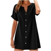 Kaemgyyd Womens Button down Shirt Dresses Cotton Linen Notch V Neck Tunic Dress Flowy Short Sleeve Beach Cover up Dress